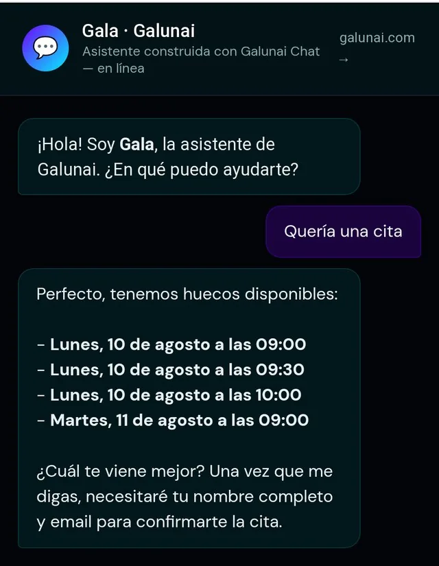 Conversacion real con Gala: el cliente pide cita y ella ofrece los huecos libres de la agenda