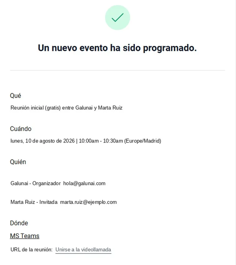 Email de confirmación: el evento queda programado el lunes 10 de agosto a las 10:00, con enlace de videollamada